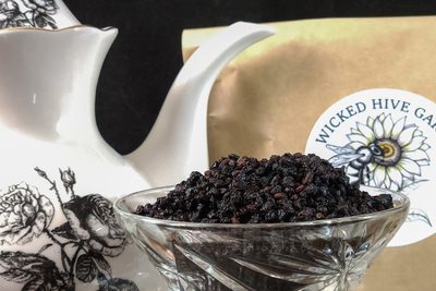 Dried elderberries in a cut-glass bowl.